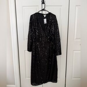 NWT H&M Black Sequin Long Sleeved Wrap Dress